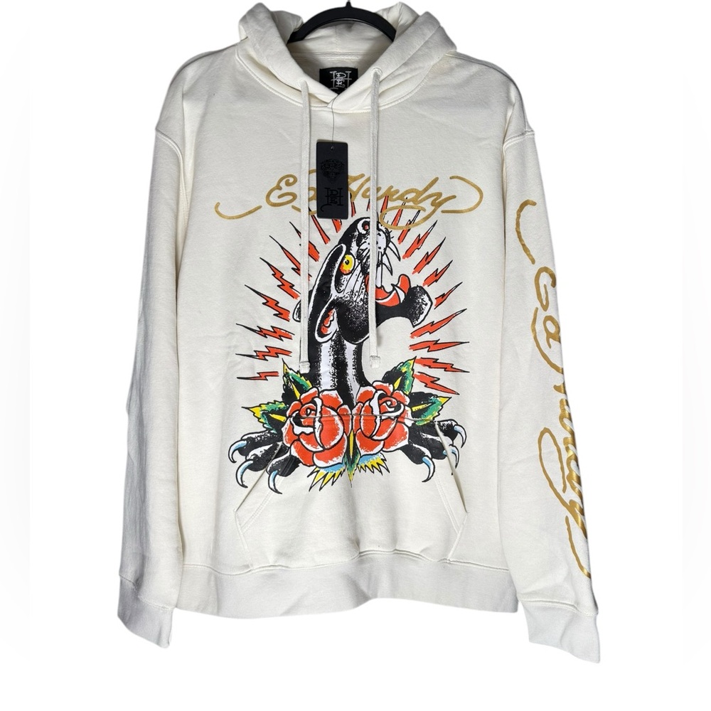 Ed Hardy Panther Roses Pullover Sweatshirt Hoodie Mens size XL Ivory Cream NEW